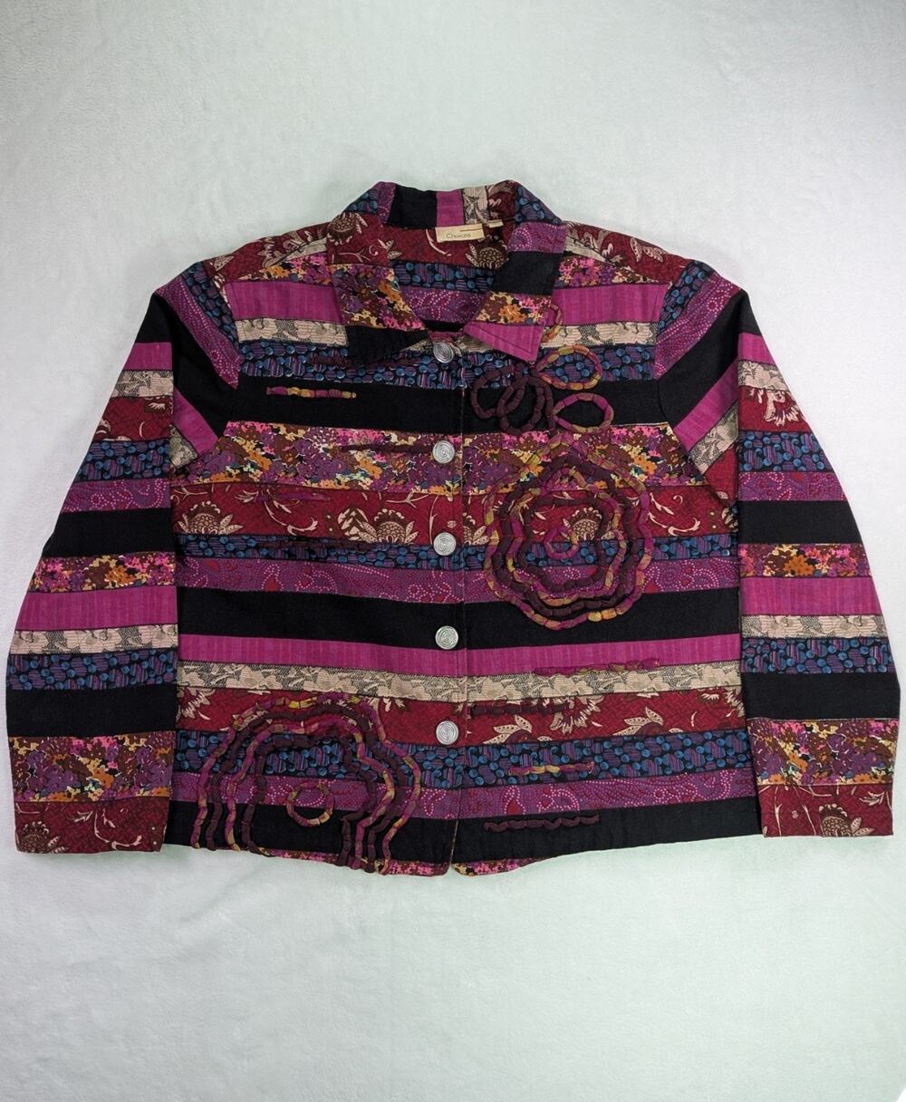 VTG Choices Quilted Jacket Women Large Multicolor Floral Geometric Boho Art
